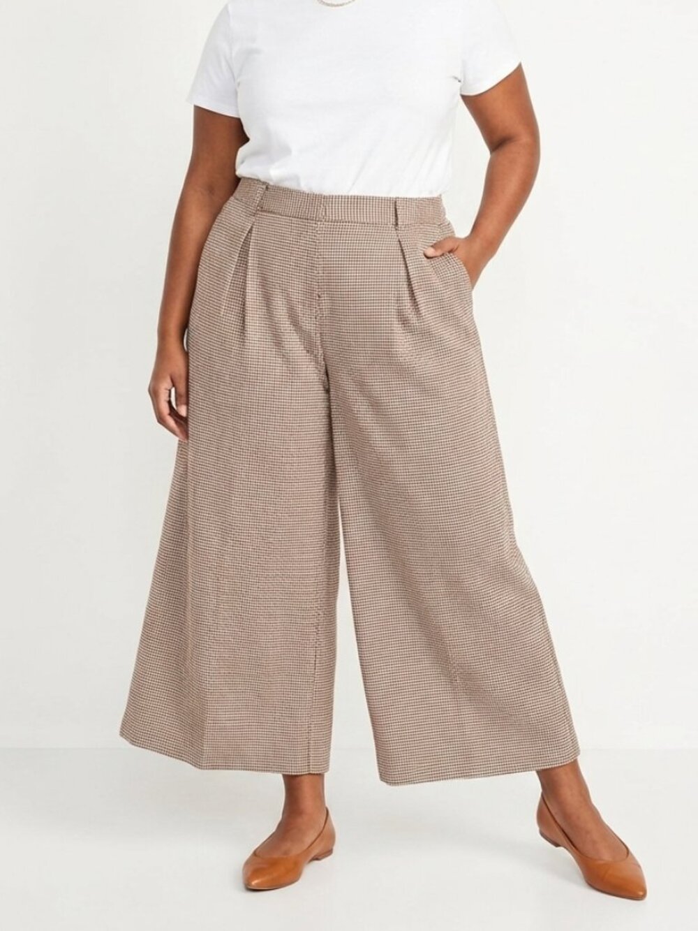 Tronjori Palazzo Trousers Brown Houndstooth Wide Leg Cropped 2XL NWT